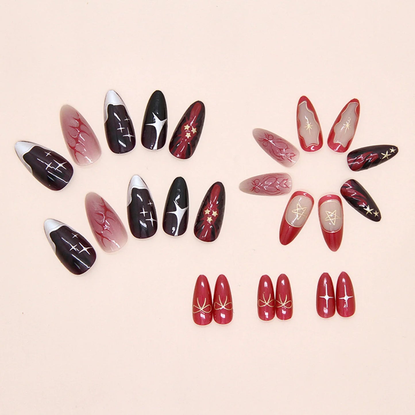 3D Star French Press On Nails – Deep Red Y2K Almond 24pc Set