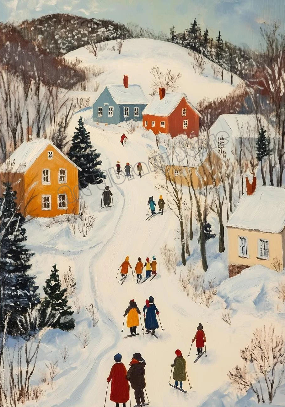 Snowy Christmas Village Canvas Wall Art | Unframed Holiday Print