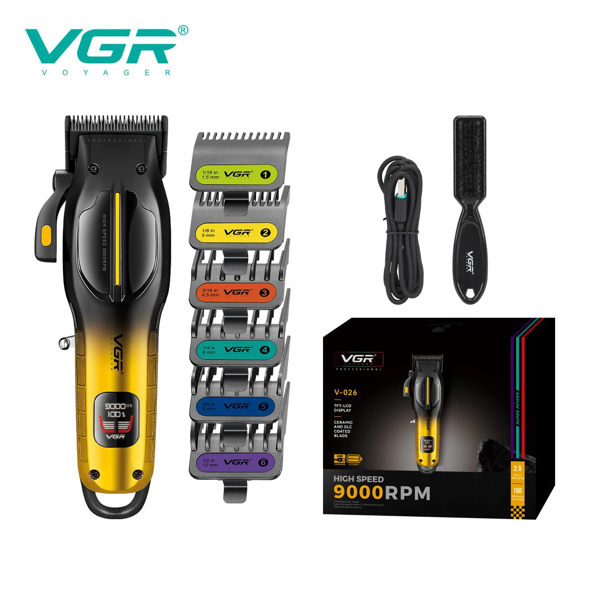 VGR high-end professional hair clipper gradient metal body hair trimmer 9000 RPM LCD digital display electric push shear V-026 Peaceful Pleasures Health and Wellness USB