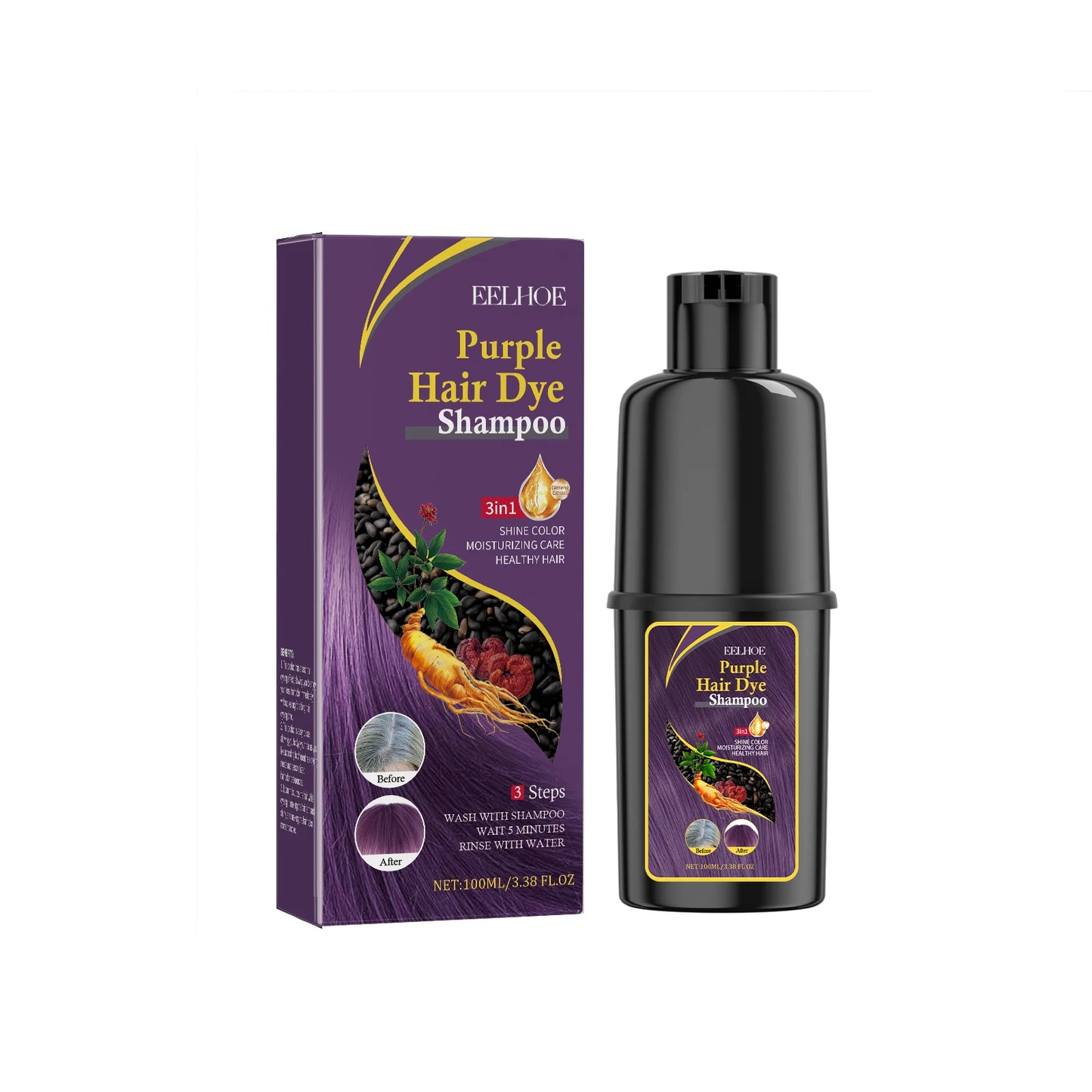 EELHOE 5-Color Hair Dye Shampoo – 3-in-1 Color, Repair & Nourish | Ginseng & Ganoderma 100ml Peaceful Pleasures Health and Wellness Purple