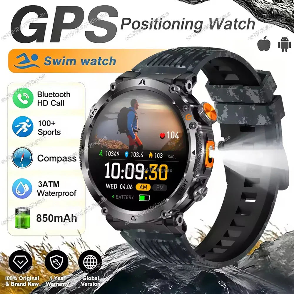 New Military Outdoor Smart Watch Men Dual-Frequency High-Precision Positioning Compass Sport IP68 Waterproof GPS Smartwatch Hw12 Peaceful Pleasures Health and Wellness Camouflage Black