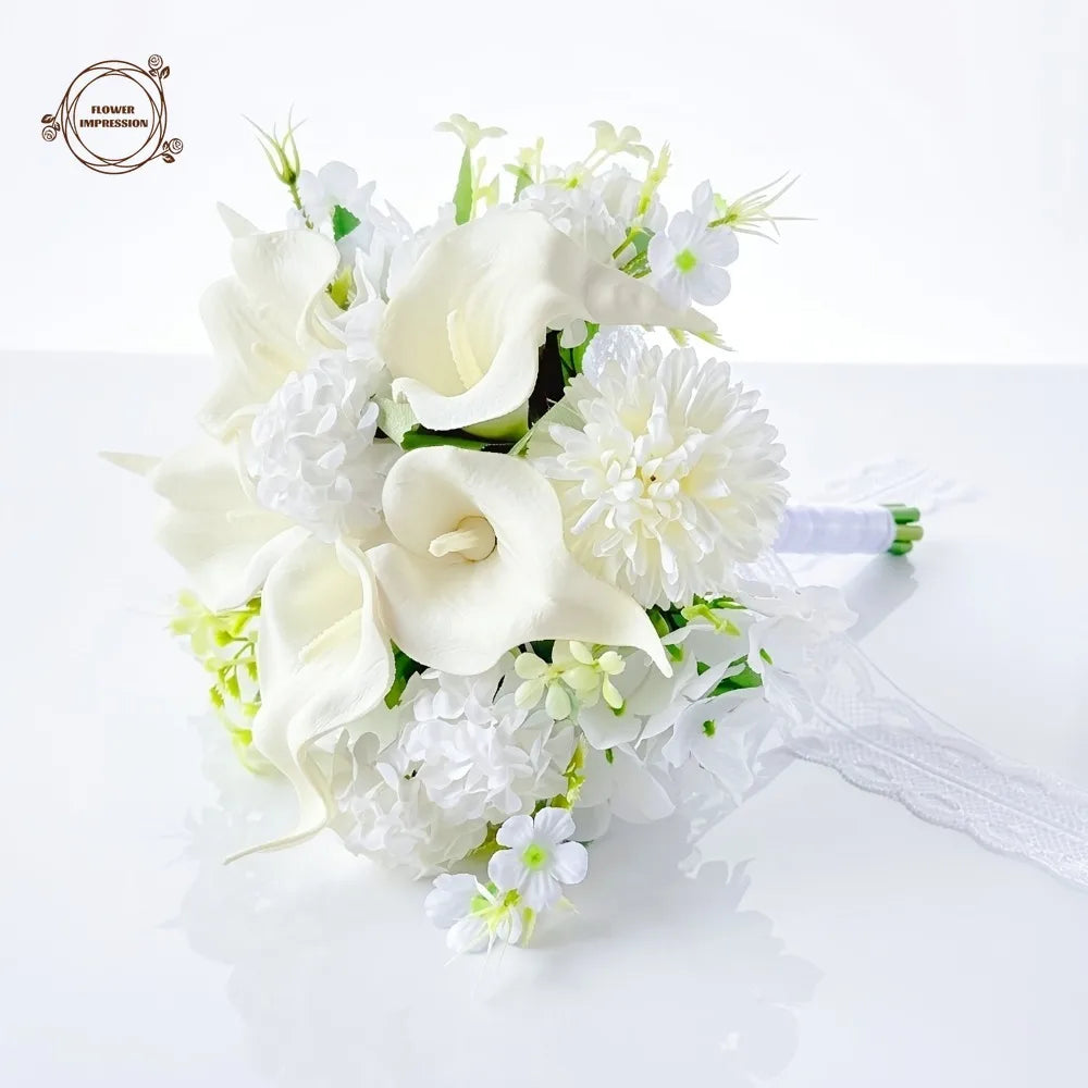 White Calla Lily Hydrangea Bridal Bouquet | Lace Ribbon