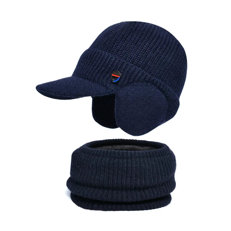 Winter Knitted Balaclava Hat & Scarf Set Thermal Lined Beanie, Ear Protection, Unisex Cold Weather Face Mask for Outdoor Sports Peaceful Pleasures Health and Wellness Dark Blue 56-60cm
