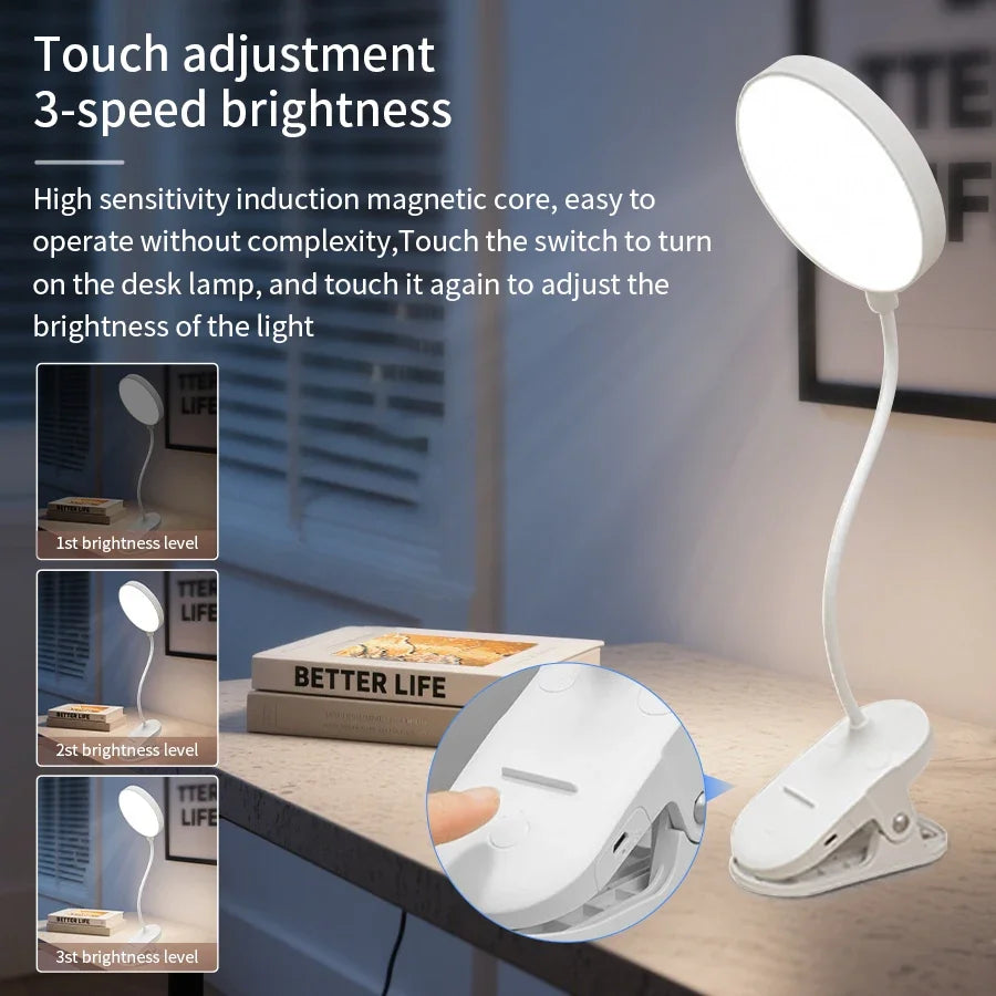 Rechargeable Mini LED Book Light with Clip Eye Protection Flexible Reading Lamp Desk Bedside Portable Table Lamp Study Light Peaceful Pleasures Health and Wellness