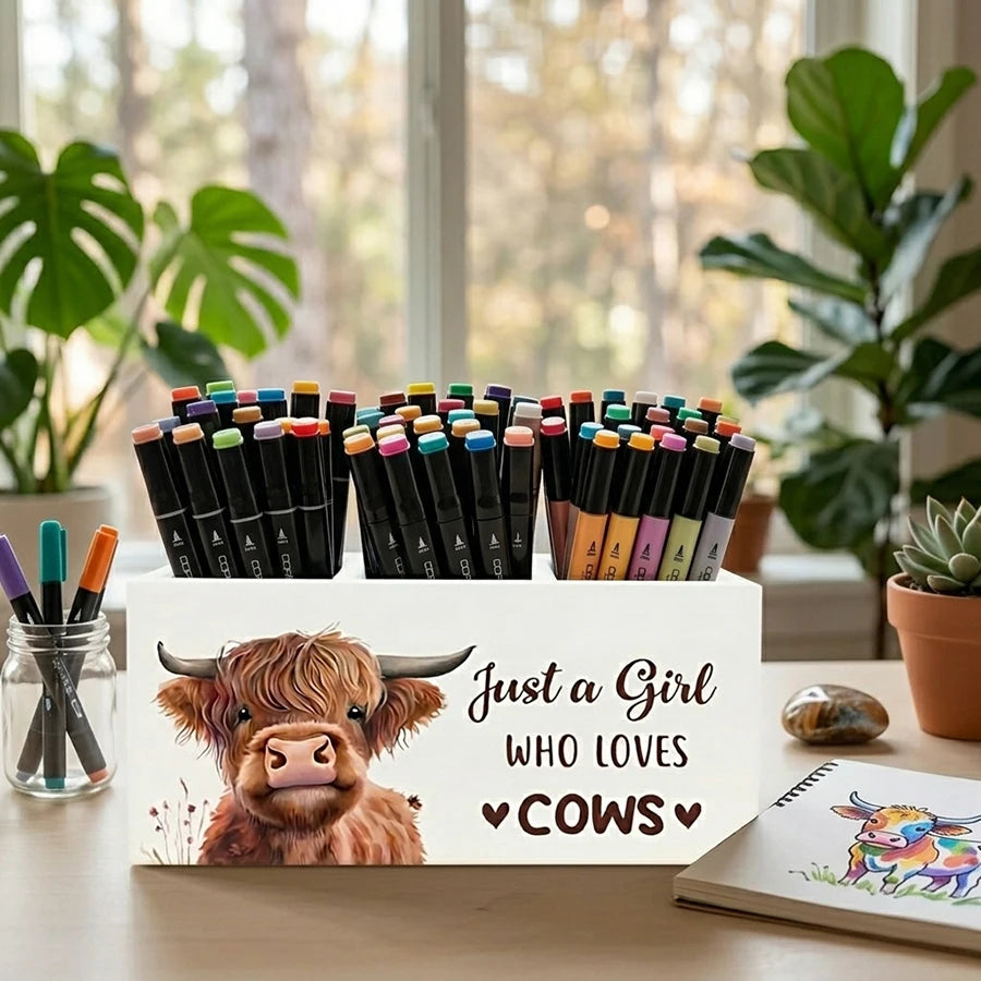 Highland Cow Pen Holder Organizer Makeup Brushes Storage Box Desk Decor for Women, Pencil Box Home Office Decoration Peaceful Pleasures Health and Wellness