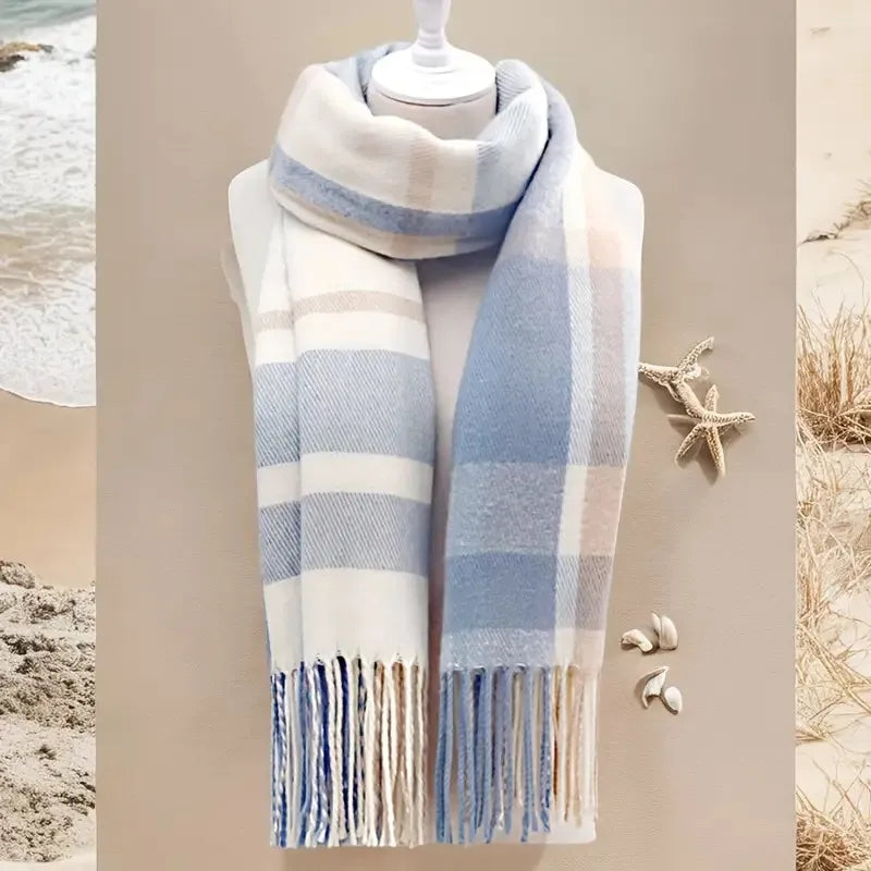 1PC Women's Autumn and Winter New Style, Fresh and Elegant, Imitation Check Pattern Fringe Scarf, Stylish and Versatile, Provide Peaceful Pleasures Health and Wellness WHITE One Size