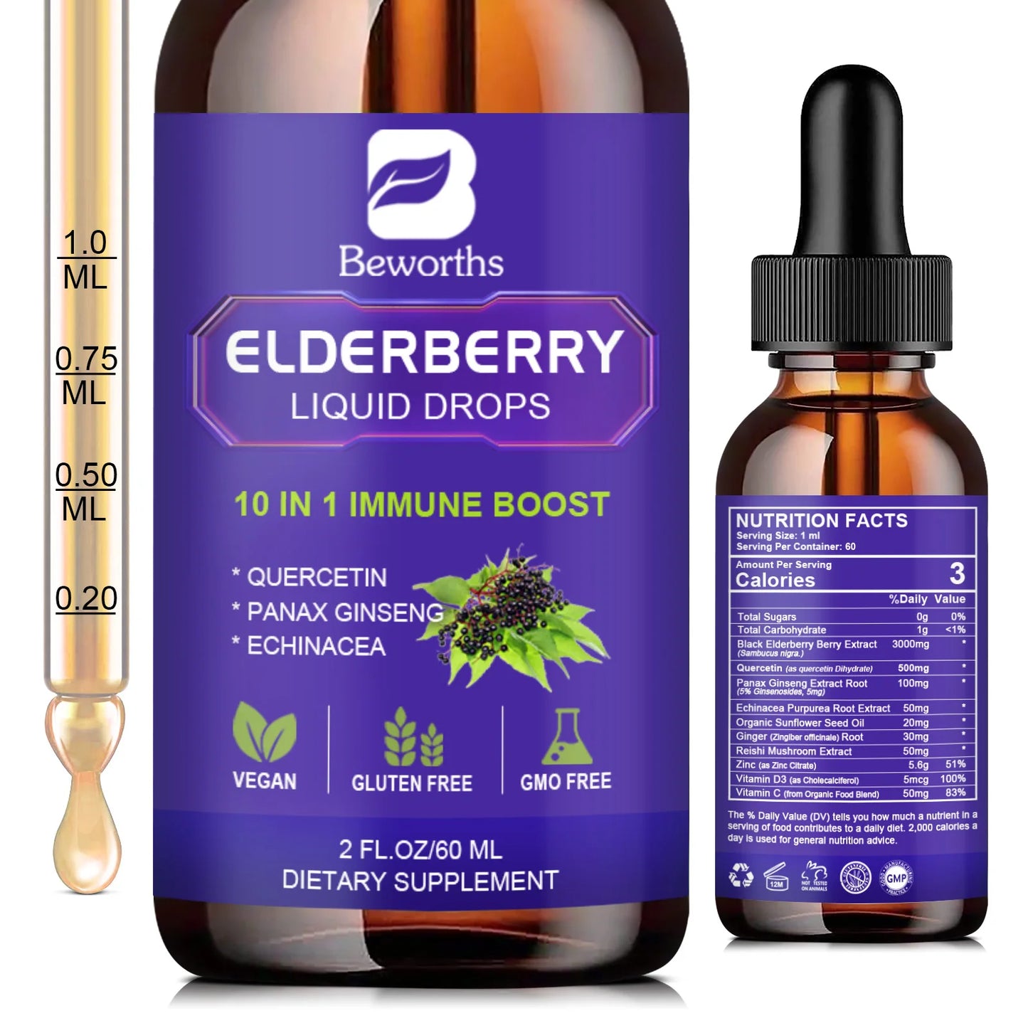 Black Elderberry Immune Drops with Vitamin C, Zinc & D3 Peaceful Pleasures Health and Wellness