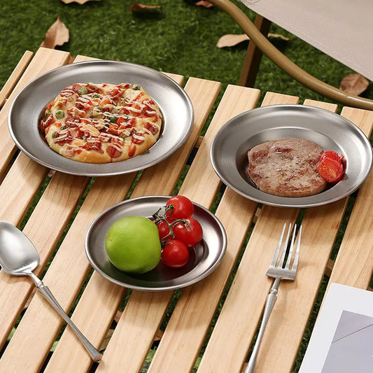 Outdoor Camping Steak Pizza Fruit Cake Snack Deep Disc Anti-overflow Plate Titanium Purified Stainless Steel Dinner Plate Set Peaceful Pleasures Health and Wellness