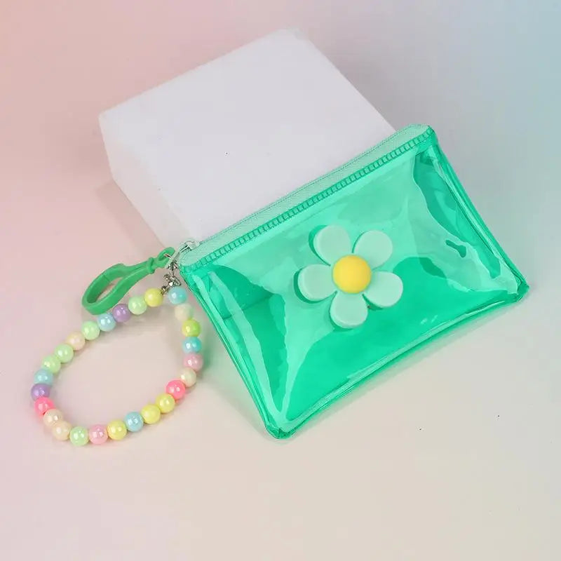Flower Bead Chain Coin Purse – Clear PVC Zipper Mini Wallet