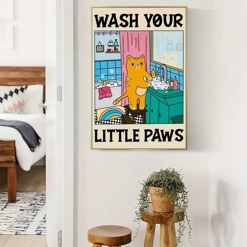Cartoon Cat "Wash Your Paws" Canvas Wall Art | Bathroom Decor