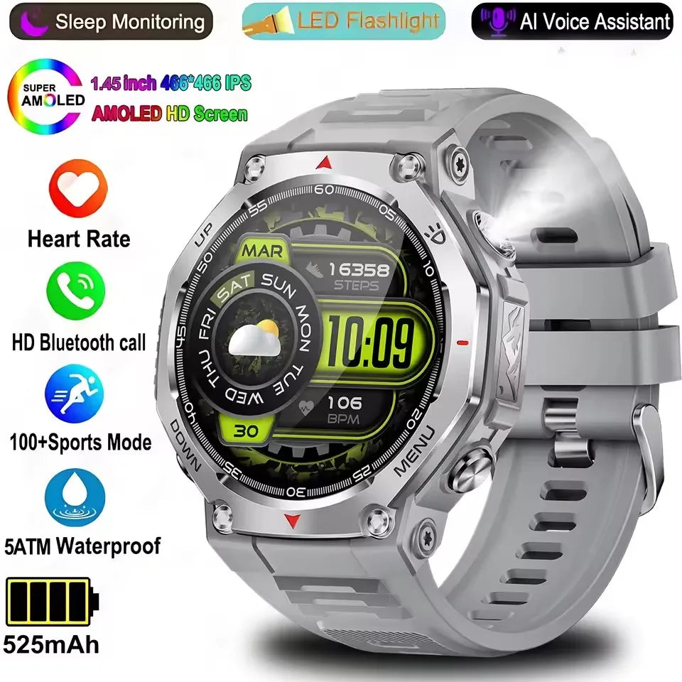 Professional 50 Meters Swimming SmartWatch BT Call Amoled Screen Flashlight Ai Voice Assistant Women Smart Watch Men15 Day Usage Peaceful Pleasures Health and Wellness Siliver 50 Meters Waterproof