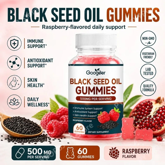 Googeer Black Seed Oil Gummies with Zinc | 60 Raspberry Gummies Wellness Gummy Supplement Peaceful Pleasures Health and Wellness