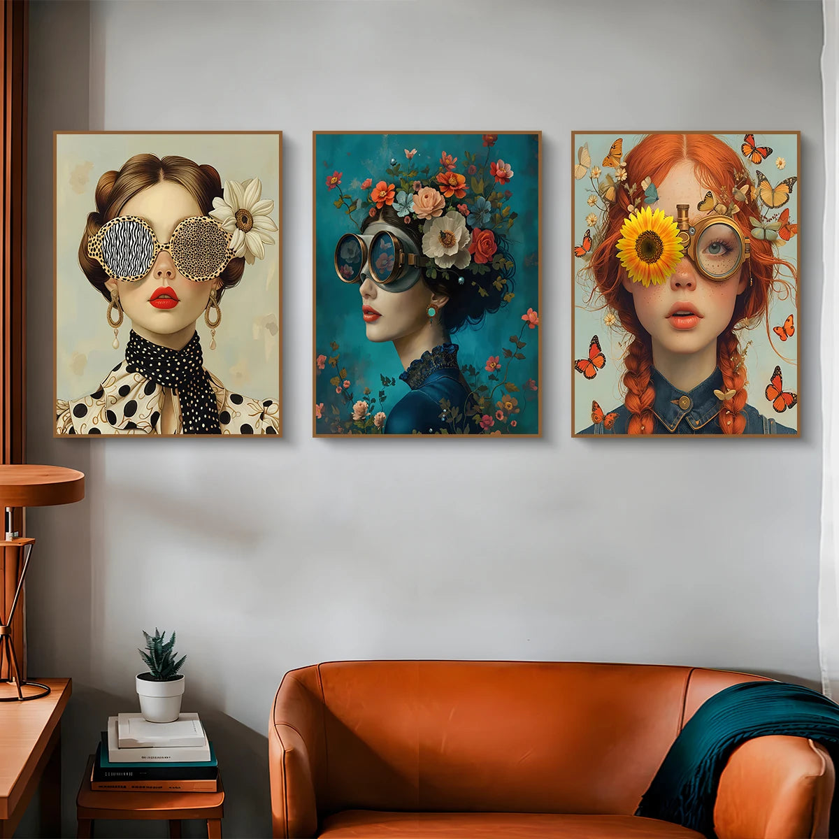 3pcs Nordic Boho Fashion Glasses Woman with Flowers Wall Art Canvas Painting Butterfly Girl Portrait Poster Prints Mural Picture Peaceful Pleasures Health and Wellness ZLH3129-ACD-3PCS 30x40cm Unframed