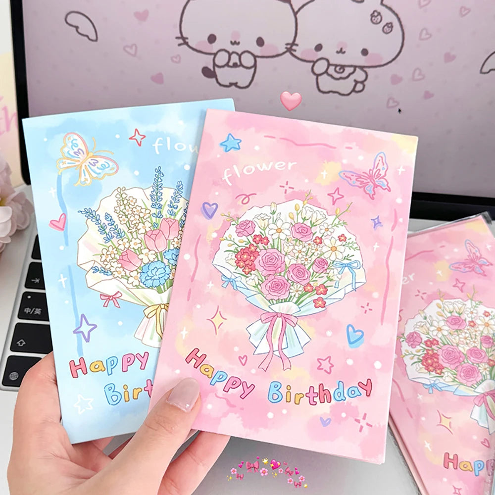 4 Sets Cartoon Flower Greeting Cards Envelopes 3D Foldable Blessing