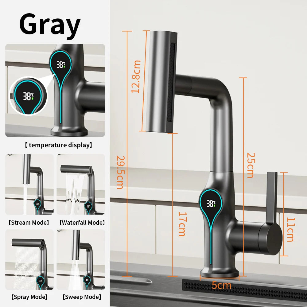 AOGUTU Waterfall Faucet with Digital Temperature Display | Brass