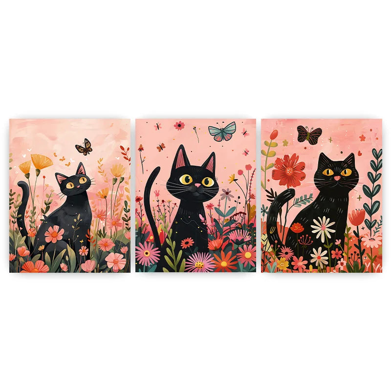 Nordic Wall Art Cute Black Cat Playing with Flowers Canvas Painting Modern Style Poster Prints Bedroom Living Room Wall Decor Peaceful Pleasures Health and Wellness 01 21X30cm No Frame China Mainland