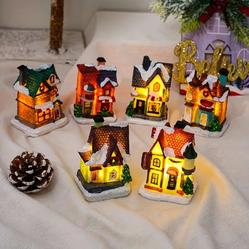 Christmas Resin Mini Village Set with LED Lights – 10 Pieces