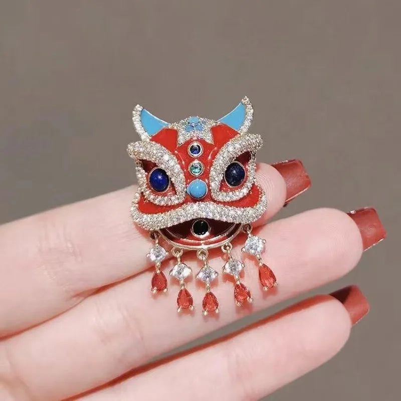 Chinese Style Red Lion Dance High End Accessory Enamel Painted Brooch Peaceful Pleasures Health and Wellness