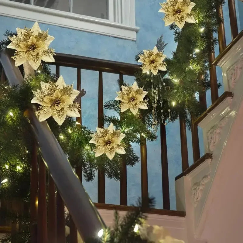 20 pieces of simulated Christmas flowers with clips and stems - lifelike red, gold, green, brown, purple, pink, orange, yellow, Peaceful Pleasures Health and Wellness