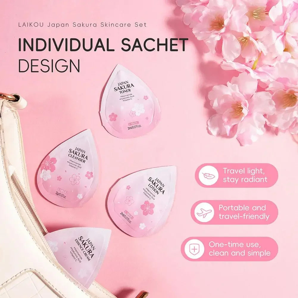 Japan Sakura 4pcs Travel Size Skin Care Kit, Brightening Moisturizing Anti-Oxidation, Portable Complete Facial Care For Women Peaceful Pleasures Health and Wellness