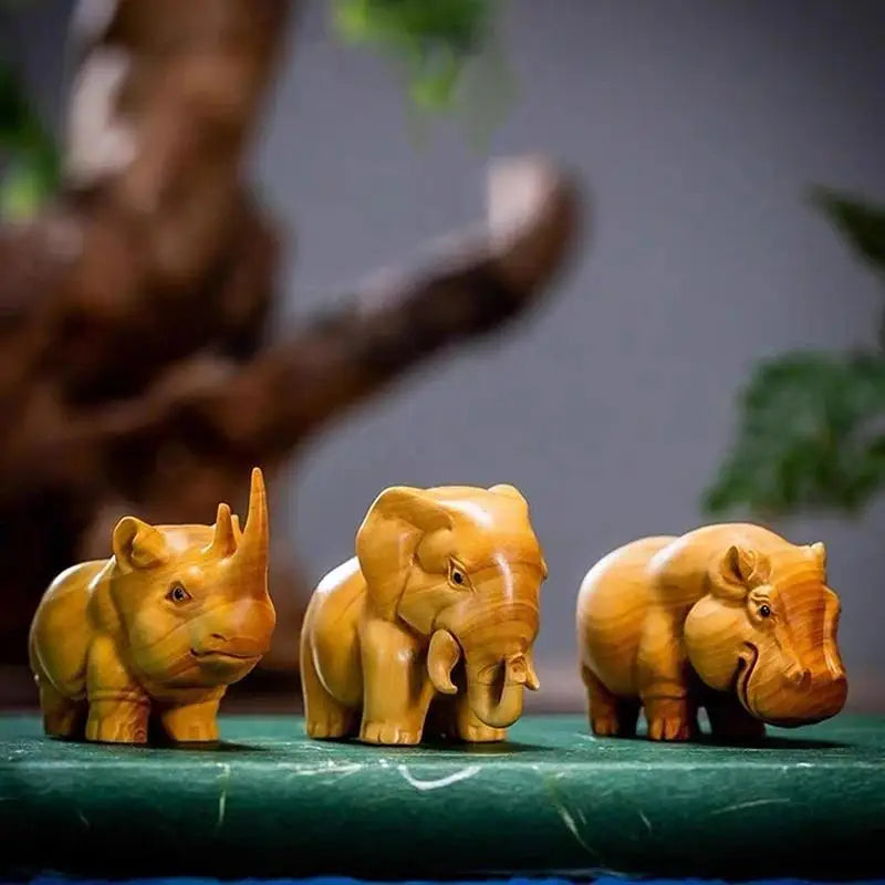 Handmade Wood Carving Animal Figurines – Rhino, Hippo, Elephant