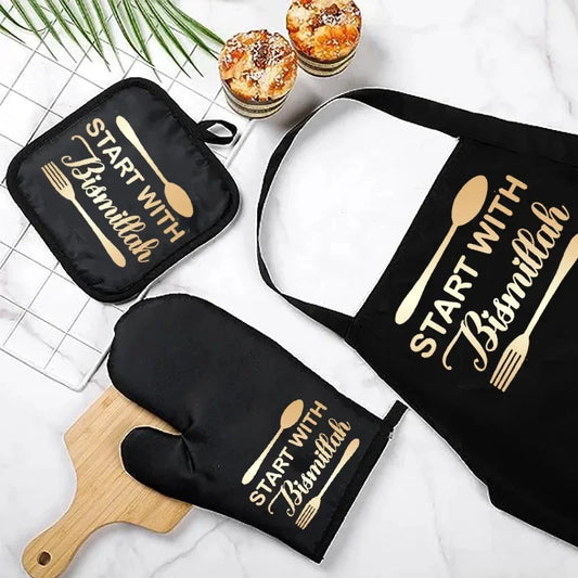 Bismillah Oven Mitt Apron Set | Ramadan Eid Islamic Kitchen Gift Islamic Kitchen Gift Set Peaceful Pleasures Health and Wellness