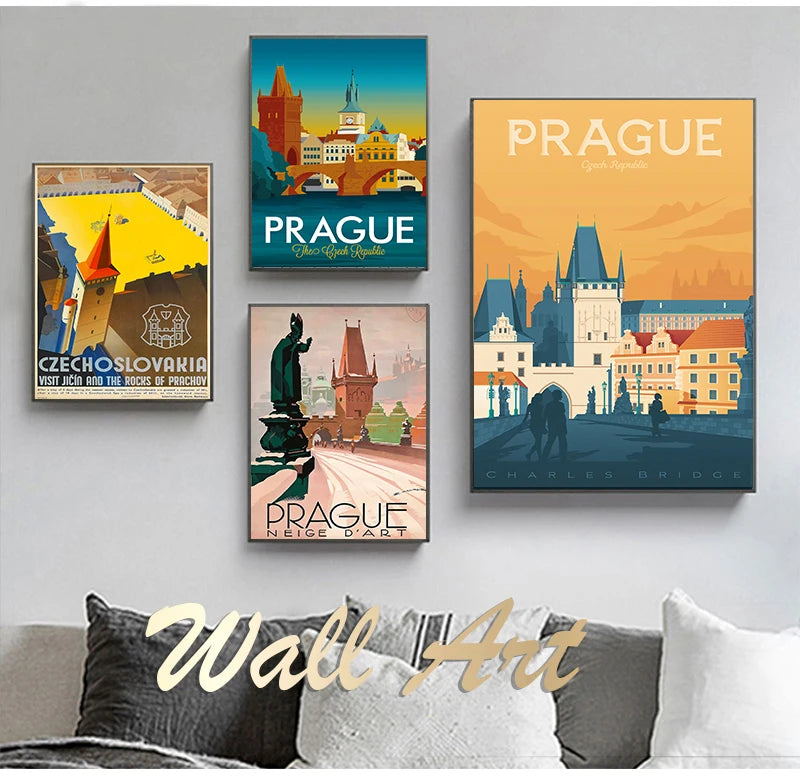 Prague Czech Republic Vintage Travel Canvas Wall Art Poster