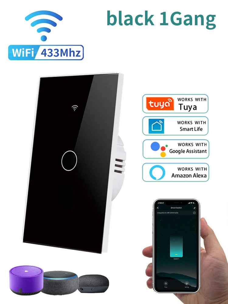Tuya WiFi Smart Switch US Standard Touch Switch 433Mhz Wireless Remote Voice Control Alexa Google Home No Neutral Wire Required Peaceful Pleasures Health and Wellness black 1 gang