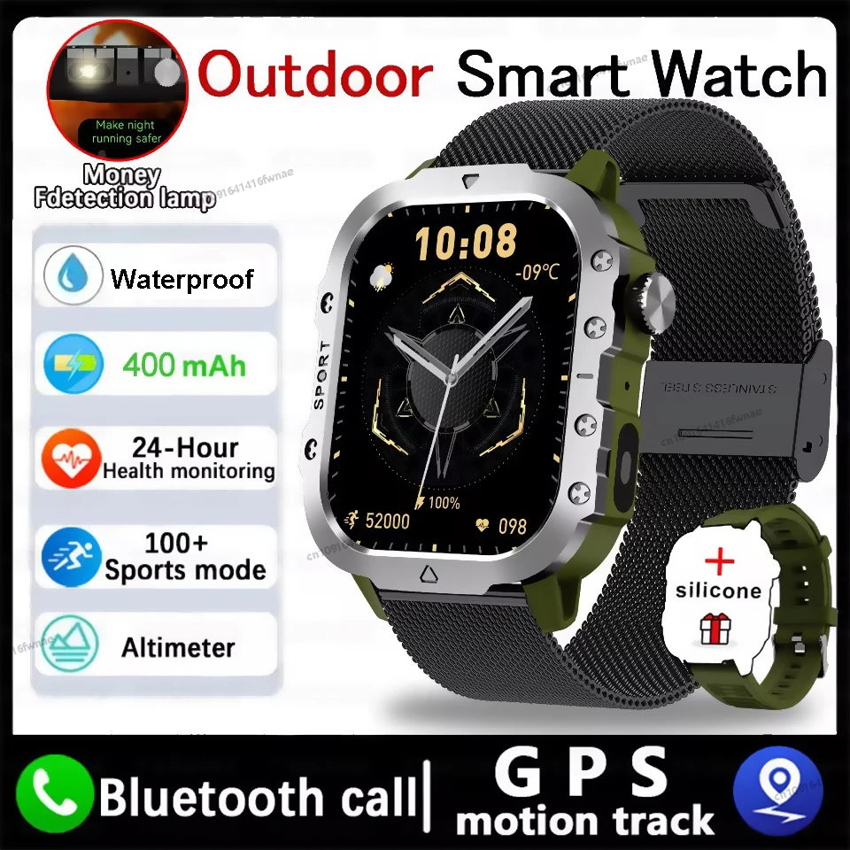 Outdoor Military GPS Smart Watch Men Flashlight Waterproof Outdoor Sports Tracker Bluetooth Calls Smartwatch Man Women 2025 New Peaceful Pleasures Health and Wellness Green Bk-Milan