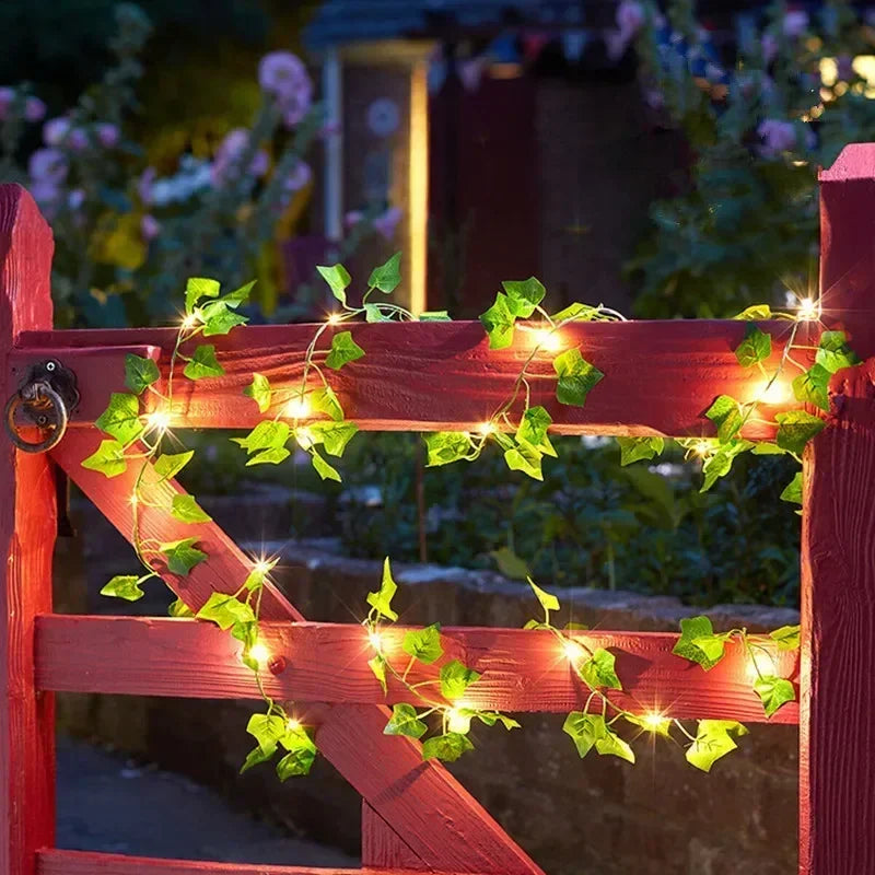 Solar Green Leaf Vine Fairy Lights – LED Garland String Lights