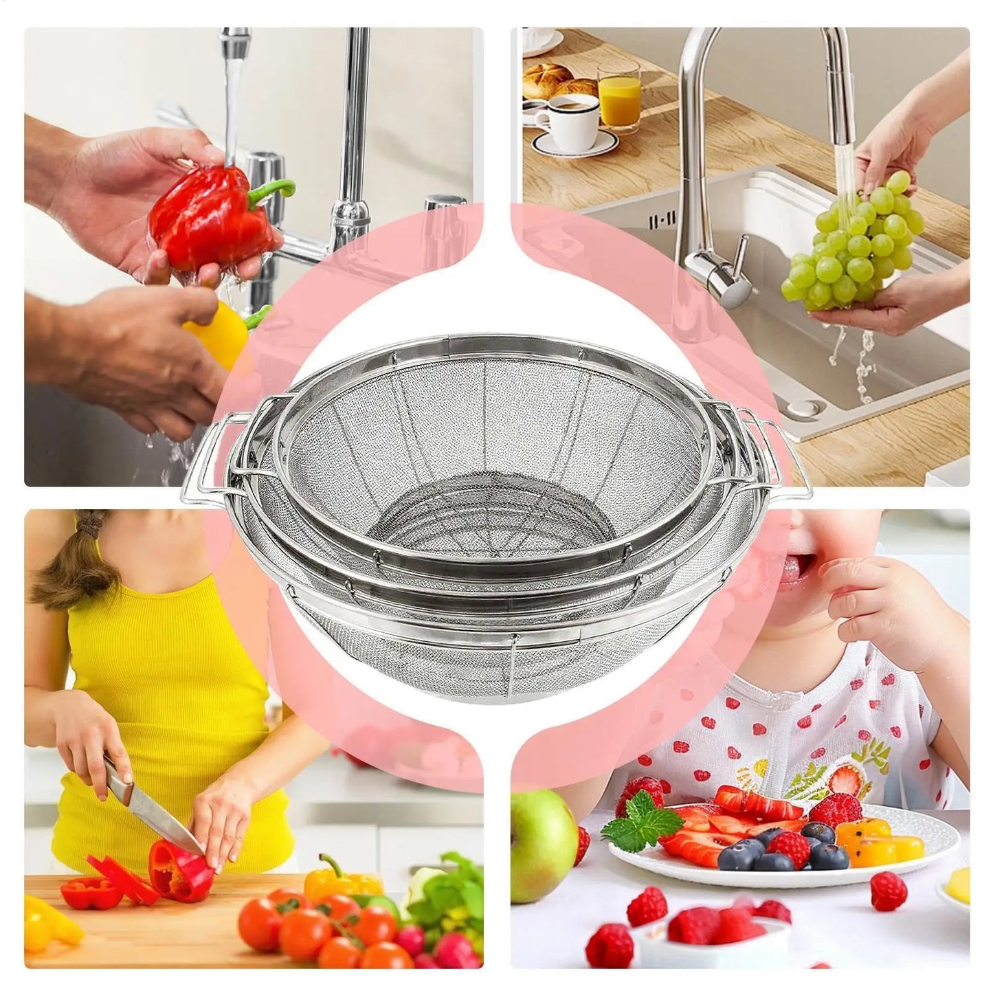3 Pieces Kitchen Metal Strainers Pasta Strainer Baskets with Handle Stainless Steel Colander Sieves for Spaghetti Fruit Veget Peaceful Pleasures Health and Wellness
