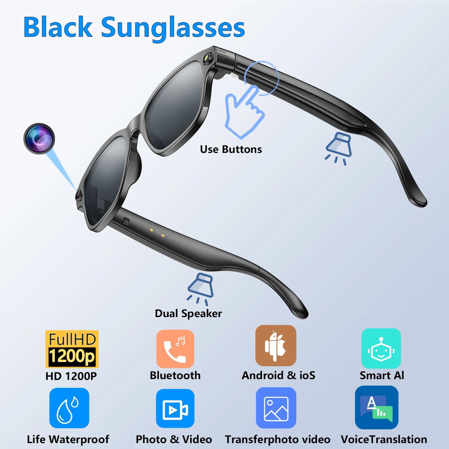 AI Smart Glasses Translator Visual 800W Camera Anti-Shake 1200P High Video Recording Bluetooth Voice Assistant Control AI Glasse Peaceful Pleasures Health and Wellness sunglasses