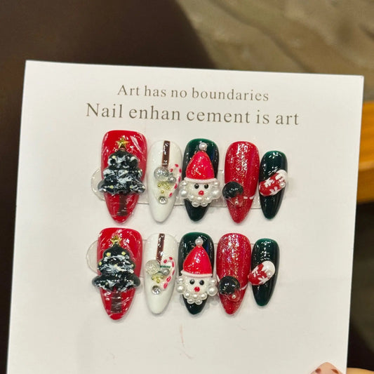 Christmas Press On Nails | Pearl Glitter Almond 3D Fake Nails 10PCS Press On Nails Peaceful Pleasures Health and Wellness XS