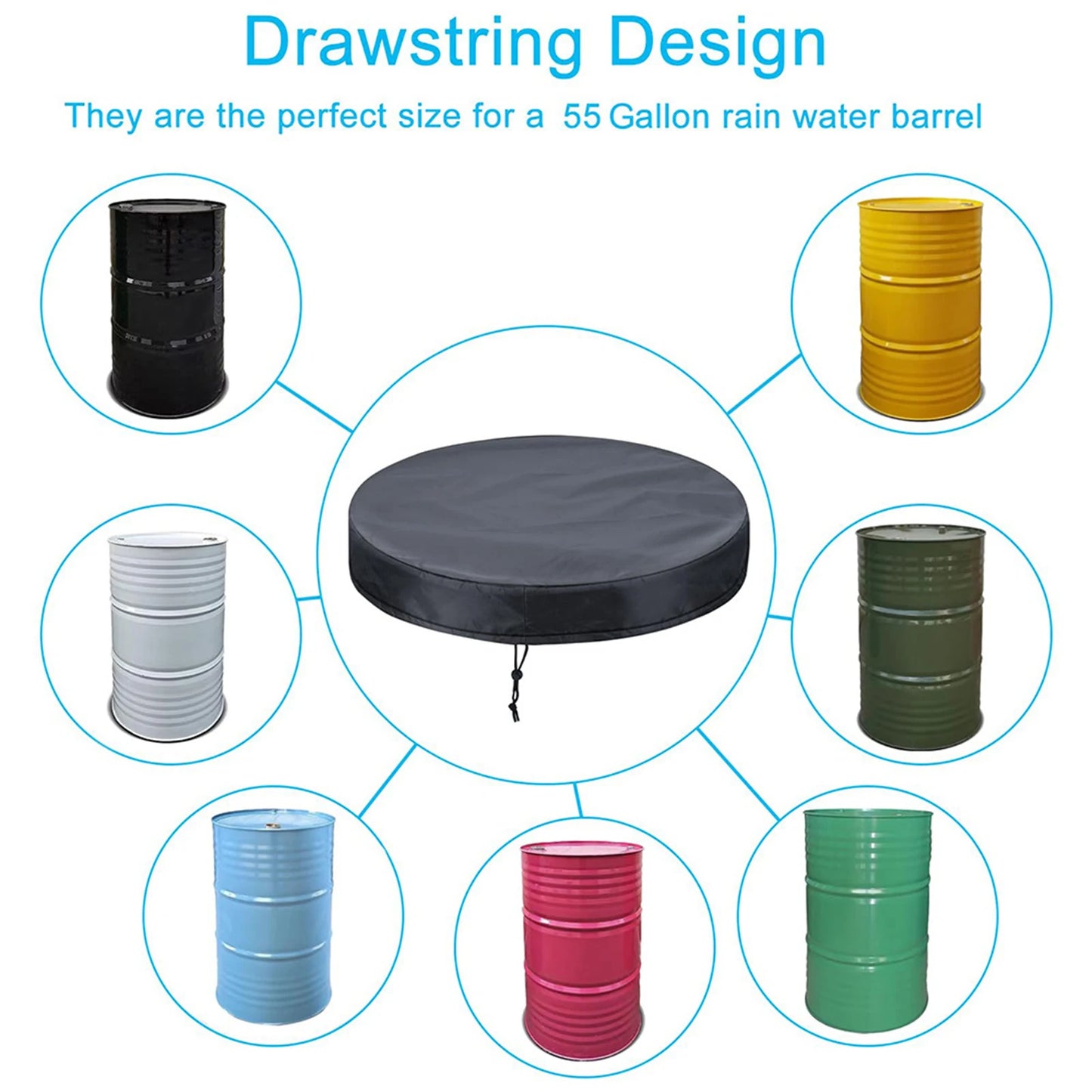 210D Oxford Cloth Drum Lid Cover Waterproof Stock Tank Pool Cover UV Resistant for Water Barrel Trash Can All-Weather Protection Peaceful Pleasures Health and Wellness