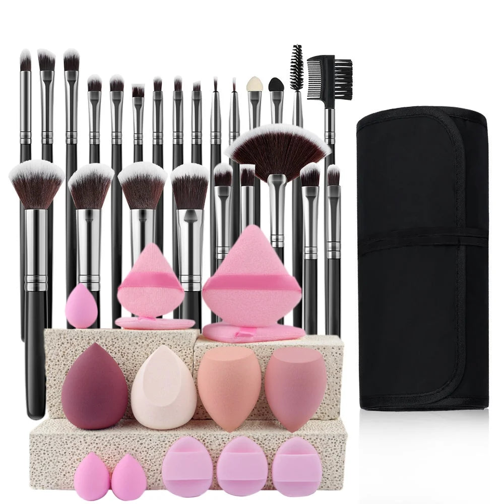 24-Piece Professional Black Makeup Brush Set with Bag