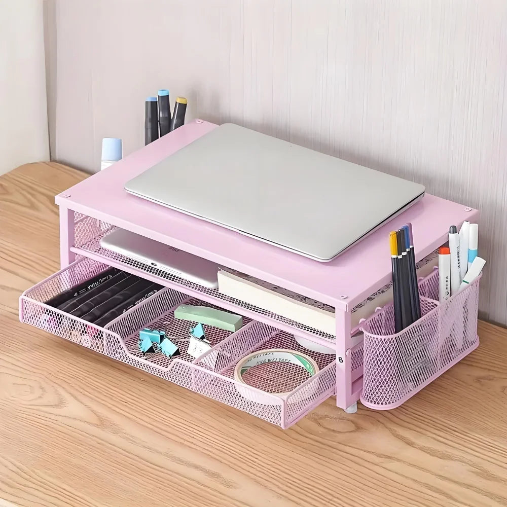 2-Tier Desk Organizers and Accessories, Pink & Black Computer Monitor Stand with Drawer, Pen Storage & Tablet Phone Holder Peaceful Pleasures Health and Wellness Pink