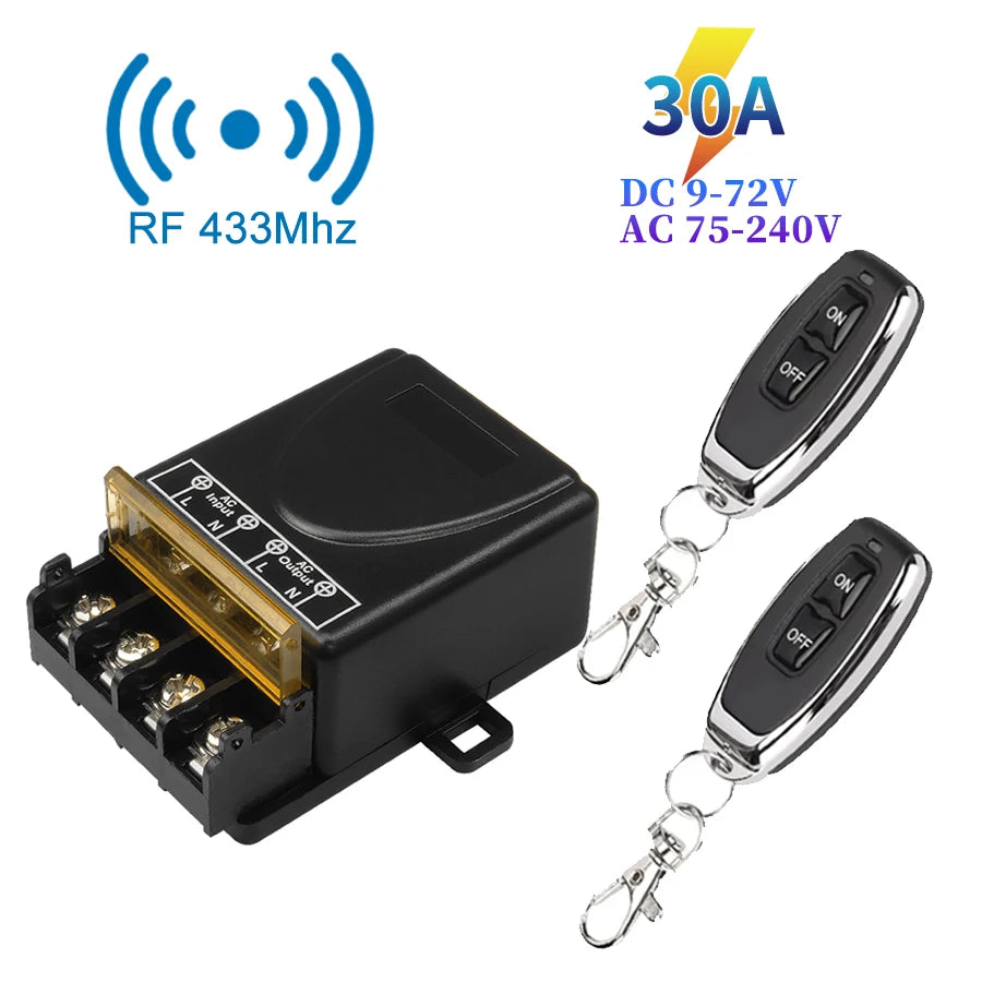 RF433Mhz Wireless Remote Control Smart Switch AC 75-220V/DC 9-72V 30A Relay On Off Receiver Transmitter For Water Pump Motor LED Peaceful Pleasures Health and Wellness