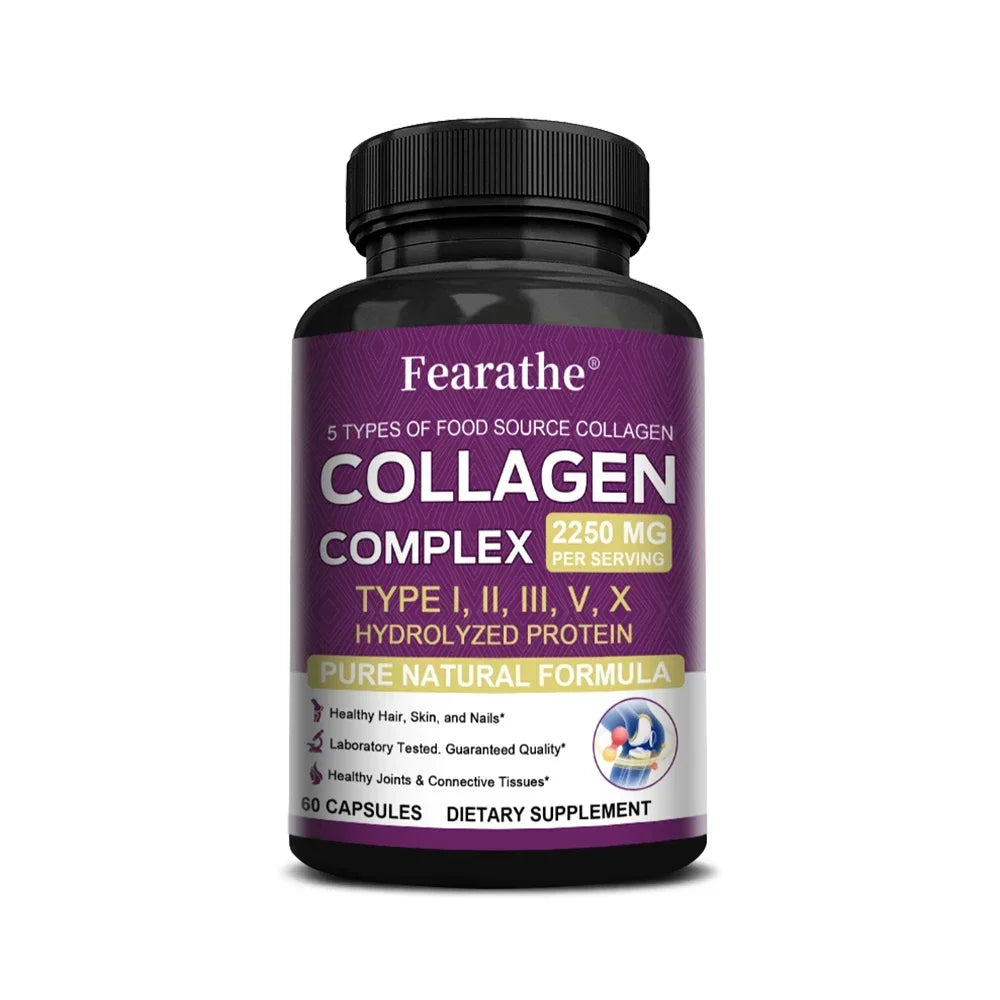 Multi-Collagen Capsules for Men and Women - Hydrolyzed Type I II III V X for Skin, Hair, Nails, Bones, Joints, Nutrition Peaceful Pleasures Health and Wellness 60 count-1 bottle