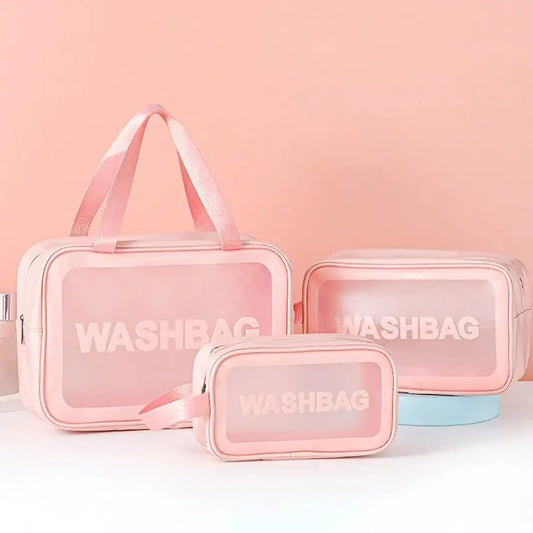 1pcs Pu Transparent Three Piece Makeup And Toiletries Bag, Large Capacity Pvc Semi Transparent Frosted Portable Storage Bag Peaceful Pleasures Health and Wellness Pink Medium size