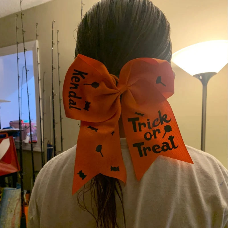 Personalized Halloween Hair Bow | Custom Name Orange Hairtie Girls Halloween Hair Bow Peaceful Pleasures Health and Wellness