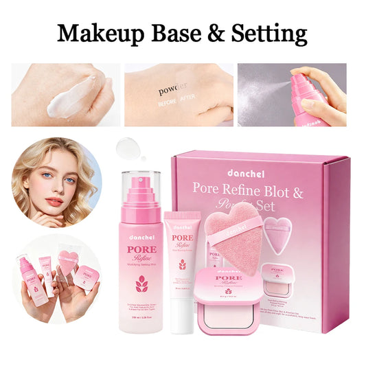 4Pcs Beauty Makeup Set Pore Blur Oil Control Matte Primer Mattifying Setting Mist Blotting Pressed Powder Puff Makeup Kit Peaceful Pleasures Health and Wellness