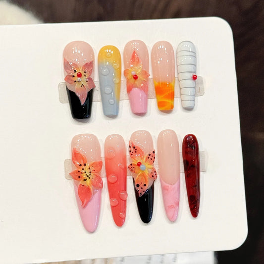 3D Floral Gradient Press-On Nails – Island Style 10-Piece Set Press-On Nail Set Peaceful Pleasures Health and Wellness