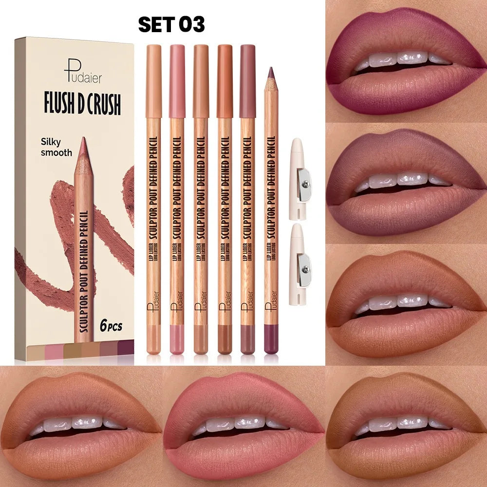 Pudaier Waterproof Matte Nude Lip Liner Set – 6 Pcs
