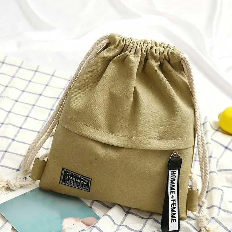 Canvas School Bag Double Shoulder Drawstring Backpack Pocket Portable