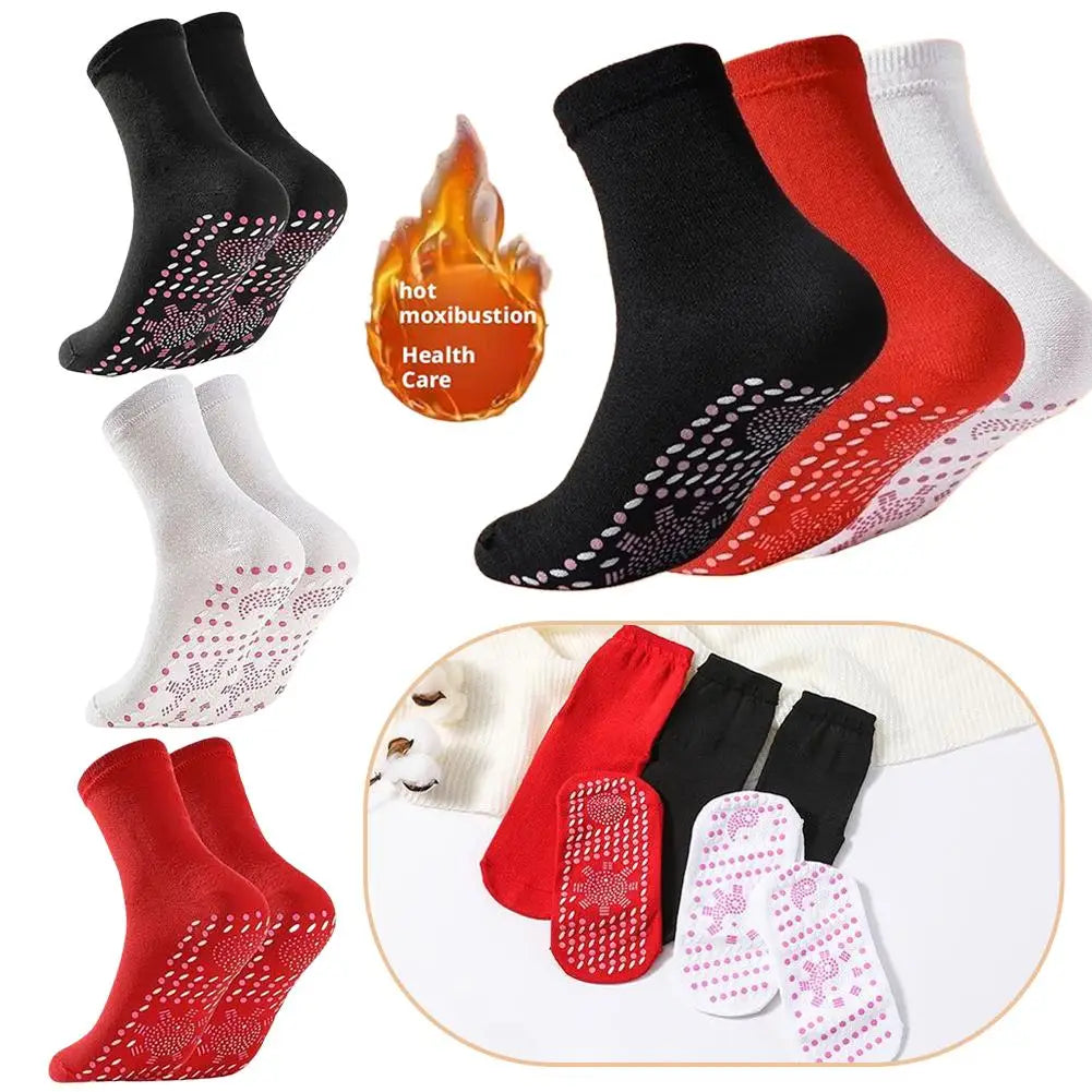 3 Pairs Self-Heating Cotton Socks - Black Red White Tomalin Health Socks Mid-Tube Cold Resistant Sweat-Absorbing Massage Floor Peaceful Pleasures Health and Wellness