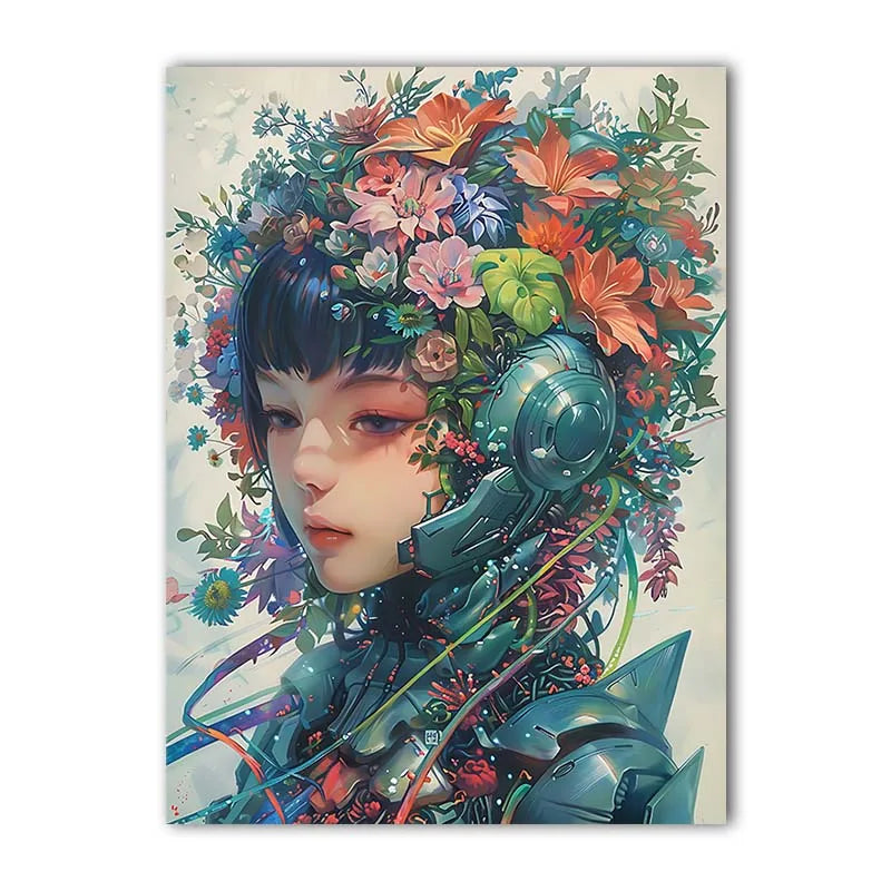 Nordic Robot Girl & Flowers Canvas Wall Art | Modern Poster Print Canvas Wall Art Print Peaceful Pleasures Health and Wellness 03 50x70cm NoFrame China Mainland