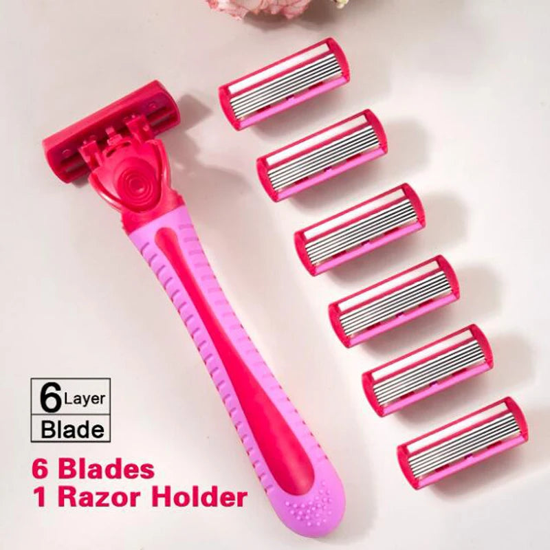Women's Manual Safety Razor with 6-Layer Steel Replacement Blades