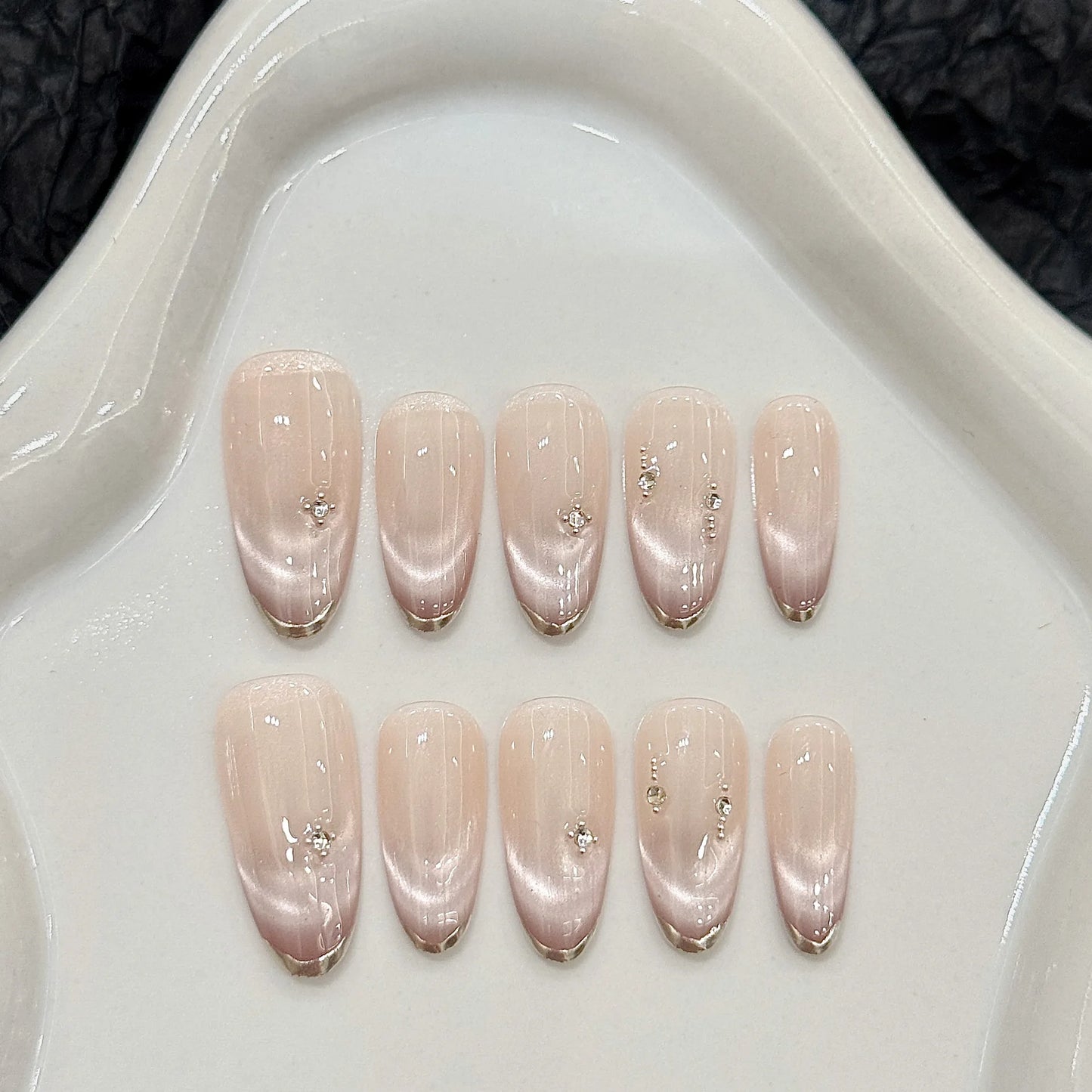 Handmade Press-On Nails Pink Gem Cat Eye French Tips | 10pcs