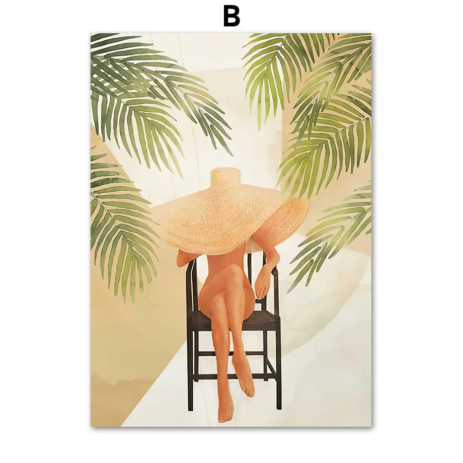 Boho Abstract Woman Canvas Wall Art | Minimalist Tropical Print