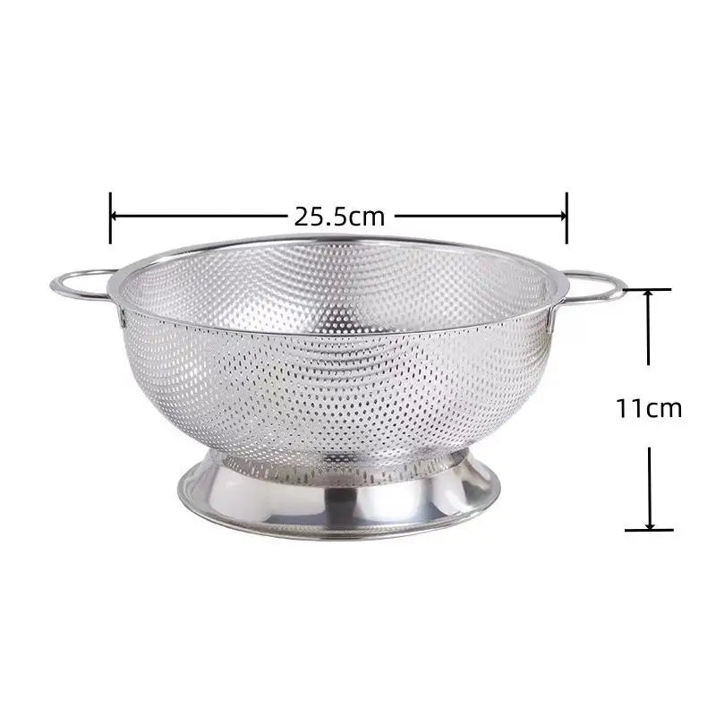 New Stainless Steel Colander With Double Handle Food Pasta Strainer Basket With Self-draining Solid Ring Base Fine Mesh Filter Peaceful Pleasures Health and Wellness 25cm